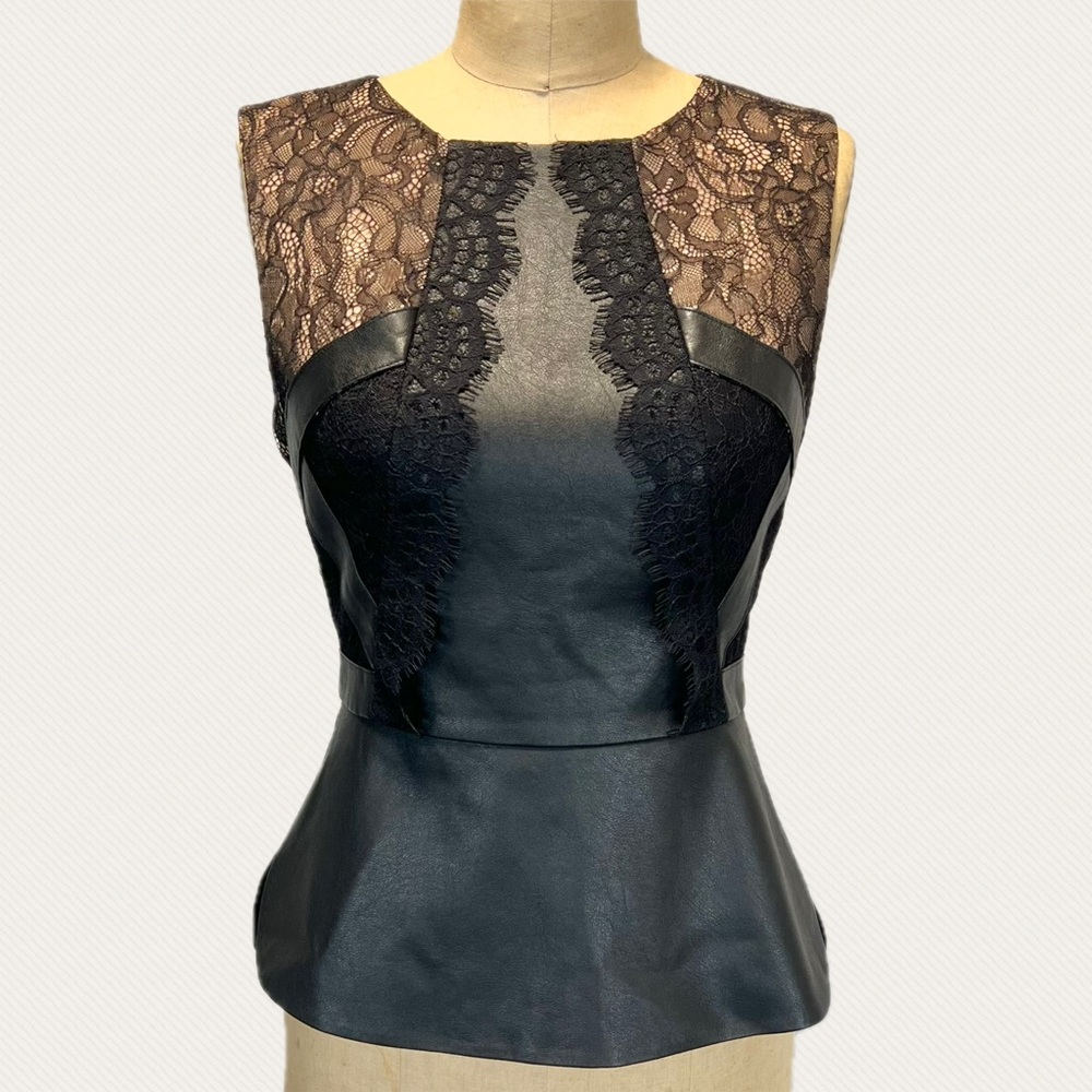 BCBGMaxAzaria faux leather lace tailored top‎ sleeveless peplum ruffle waist y2k